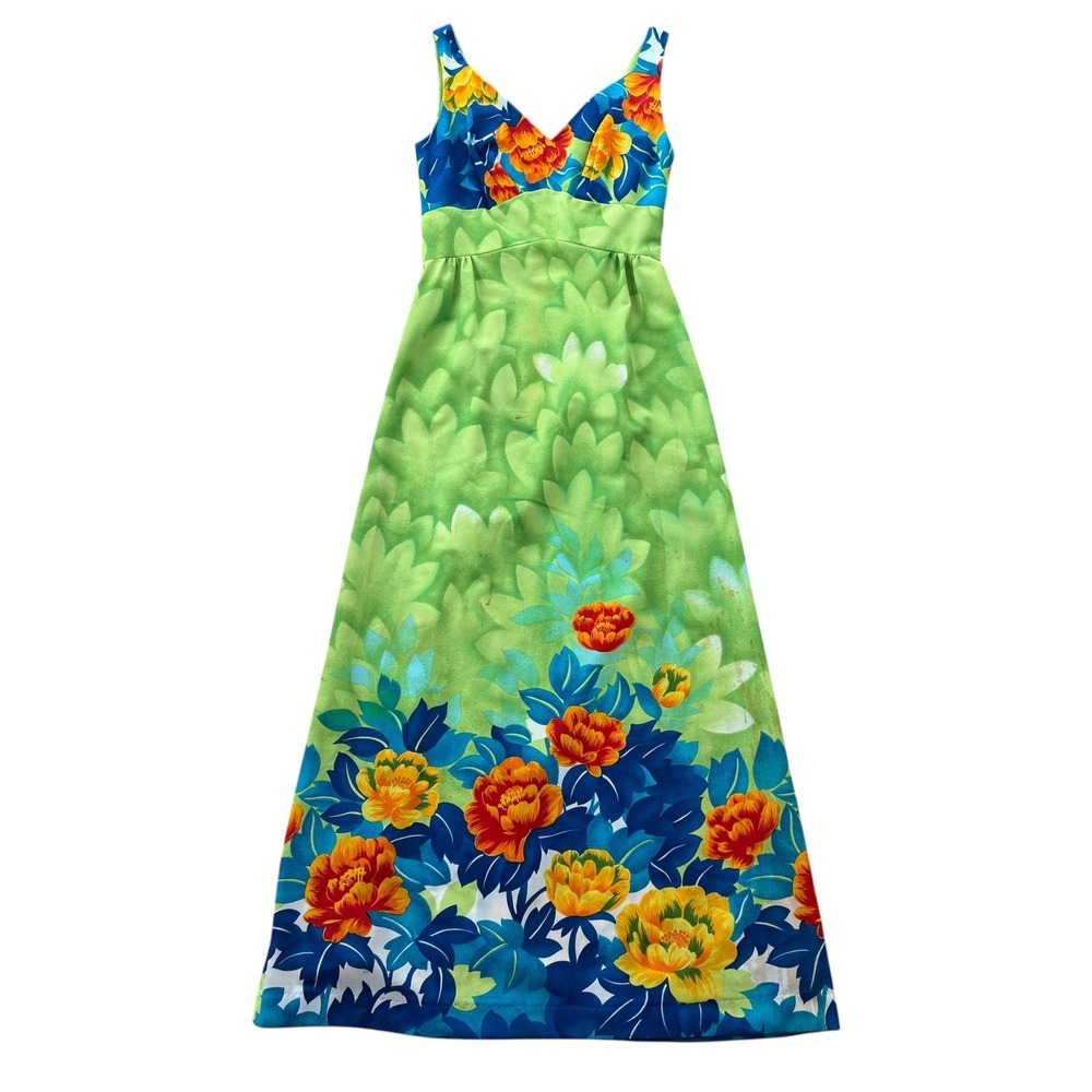 Vintage 70s Sears Hawaiian Fashions Maxi Dress Floral Empire Waist 10 Green Mod